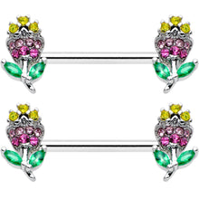 Load image into Gallery viewer, 14G 9/16 Green Pink Gem Mardi Gras Flower Barbell Nipple Ring Set
