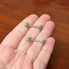 Load image into Gallery viewer, 14G 9/16 Green Pink Gem Mardi Gras Flower Barbell Nipple Ring Set
