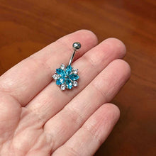 Load image into Gallery viewer, Blue Clear CZ Gem Baroque Floral Burst Belly Ring
