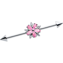 Load image into Gallery viewer, 14G Pink CZ Gem Floral Baroque Burst Cone Industrial Barbell 38mm
