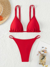 Load image into Gallery viewer, Bikini Solid Color Triangle V Neck 2 Piece Bikini Set for Women – Stretchy Double Strap Tie Back V String Swimwear with Lace Up Detail – Flattering Beach Vacation Swimsuit for Confident Summer Style and Poolside Fashion
