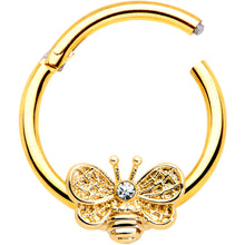 Load image into Gallery viewer, 16G 3/8 Clear Gem Gold Tone Beauty Bee Hinged Circular Ring
