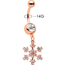 Load image into Gallery viewer, Clear Gem Rose Gold Tone Square Snowflake Holiday Dangle Belly Ring
