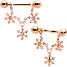 Load image into Gallery viewer, 14G 9/16 Clear Gem Rosy Hue Snowflake Chain Dangle Nipple Ring Set
