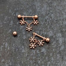 Load image into Gallery viewer, 14G 9/16 Clear Gem Rosy Hue Snowflake Chain Dangle Nipple Ring Set
