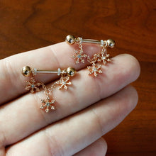 Load image into Gallery viewer, 14G 9/16 Clear Gem Rosy Hue Snowflake Chain Dangle Nipple Ring Set

