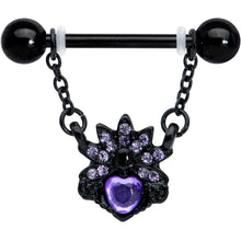 Load image into Gallery viewer, 14G 9/16 Purple Gem Black Skull Blossom Dangle Nipple Ring Set
