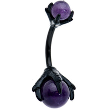 Load image into Gallery viewer, Purple Amethyst Black Skeleton Hand Halloween Double Mount Belly Ring

