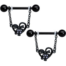 Load image into Gallery viewer, 14G 9/16 Clear Gem Black Skull Bow Heart Dangle Nipple Ring Set
