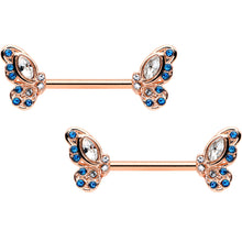 Load image into Gallery viewer, 14G 9/16 Clear Blue Gem Rosy Tone Butterfly Wing Nipple Ring Set
