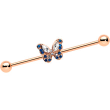 Load image into Gallery viewer, 14G Blue Gem Rosy Tone Butterfly Wings Industrial Barbell 38mm
