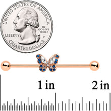 Load image into Gallery viewer, 14G Blue Gem Rosy Tone Butterfly Wings Industrial Barbell 38mm
