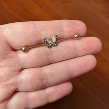 Load image into Gallery viewer, 14G Blue Gem Rosy Tone Butterfly Wings Industrial Barbell 38mm
