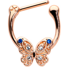 Load image into Gallery viewer, 16G 5/16 Blue Gem Rose Gold Tone Butterfly Cartilage Clicker
