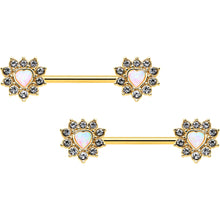 Load image into Gallery viewer, 14G 9/16 White Synthetic Opal Gold Tone Sun Heart Nipple Ring Set
