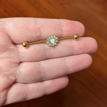 Load image into Gallery viewer, 14G White Synth Opal Gold Tone Sun Heart Industrial Barbell 38mm
