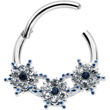 Load image into Gallery viewer, 16G 3/8 Clear Blue Gem Festive Trio Snowflake Hinged Segment Ring
