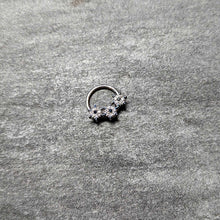 Load image into Gallery viewer, 16G 3/8 Clear Blue Gem Festive Trio Snowflake Hinged Segment Ring
