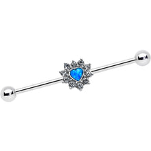 Load image into Gallery viewer, 14G Blue Synthetic Opal Sun Heart Industrial Barbell 38mm
