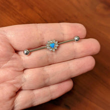 Load image into Gallery viewer, 14G Blue Synthetic Opal Sun Heart Industrial Barbell 38mm
