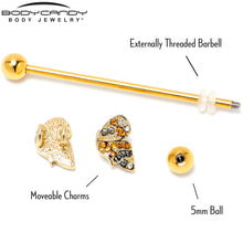 Load image into Gallery viewer, 14G Orange Gem Gold Tone Butterfly Wings Industrial Barbell 38mm
