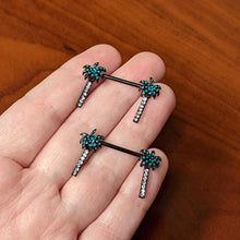 Load image into Gallery viewer, 14G 9/16 Clear Gem Black Night Palm Tree Dangle Nipple Ring Set
