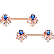 Load image into Gallery viewer, 14G 9/16 Blue Gem Rosy Tone Glam Flare Barbell Nipple Ring Set
