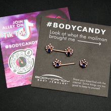 Load image into Gallery viewer, 14G 9/16 Blue Gem Rosy Tone Glam Flare Barbell Nipple Ring Set
