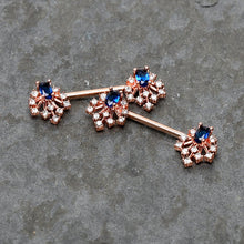 Load image into Gallery viewer, 14G 9/16 Blue Gem Rosy Tone Glam Flare Barbell Nipple Ring Set
