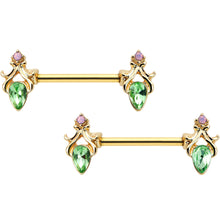 Load image into Gallery viewer, 14G 9/16 Green Gem Gold Hue Spring Shades Barbell Nipple Ring Set
