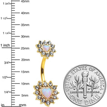 Load image into Gallery viewer, White Synthetic Opal Gold Tone Heart Sun Double Mount Belly Ring
