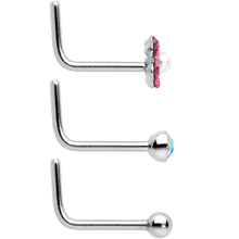 Load image into Gallery viewer, 20G 1/4 Aurora Pink CZ Gem Flower L Shape Nose Ring Set of 6
