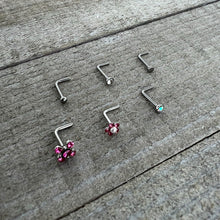 Load image into Gallery viewer, 20G 1/4 Aurora Pink CZ Gem Flower L Shape Nose Ring Set of 6
