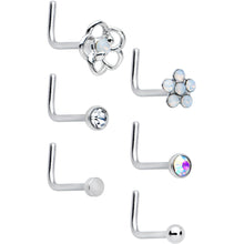 Load image into Gallery viewer, 20G 1/4 Clear CZ Gem Flower Disc L Shape Nose Ring Set of 6
