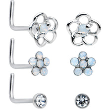 Load image into Gallery viewer, 20G 1/4 Clear CZ Gem Flower Disc L Shape Nose Ring Set of 6
