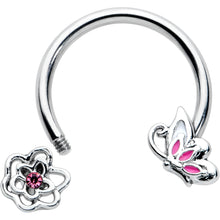 Load image into Gallery viewer, 16G 3/8 Pink Butterfly Pink Gem Flower Horseshoe Circular Barbell
