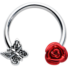 Load image into Gallery viewer, 16G 3/8 Butterfly Red Rose Flower Horseshoe Circular Barbell
