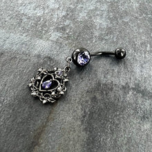 Load image into Gallery viewer, Purple Gem Black Regal Crown Dangle Belly Ring
