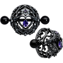 Load image into Gallery viewer, 14G 9/16 Purple Gem Black Regal Crown Heart Nipple Shield Set

