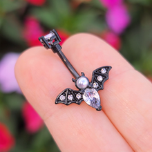 Load image into Gallery viewer, Clear Gem Black Vampire Bat Halloween Double Mount Belly Ring
