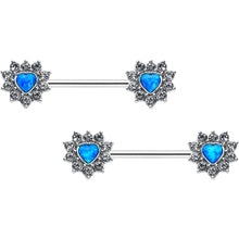 Load image into Gallery viewer, 14G 9/16 Blue Synthetic Opal Sun Heart Nipple Ring Set
