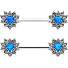 Load image into Gallery viewer, 14G 9/16 Blue Synthetic Opal Sun Heart Nipple Ring Set
