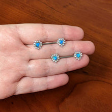 Load image into Gallery viewer, 14G 9/16 Blue Synthetic Opal Sun Heart Nipple Ring Set
