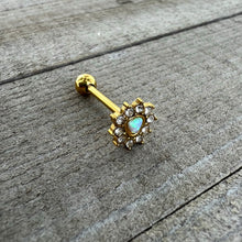 Load image into Gallery viewer, White Faux Opal Gold Tone Sun Heart Barbell Tongue Ring

