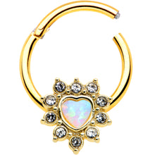 Load image into Gallery viewer, 16G 3/8 White Faux Opal Gold Tone Sun Heart Hinged Segment Ring
