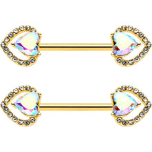 Load image into Gallery viewer, 14G 9/16 Aurora Gem Gold Hue Rococo Heart Barbell Nipple Ring Set
