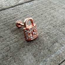 Load image into Gallery viewer, 16G 5/16 Clear CZ Gem Rose Gold Tone Lock It Up Labret Tragus
