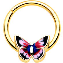 Load image into Gallery viewer, 16G 3/8 Gold Tone Red Pink Blue Butterfly Hinged Segment Ring

