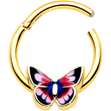 Load image into Gallery viewer, 16G 3/8 Gold Tone Red Pink Blue Butterfly Hinged Segment Ring
