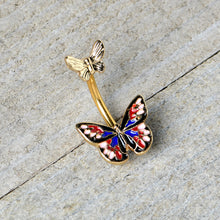 Load image into Gallery viewer, Gold Tone Colorful Butterfly Pair Red Blue Double Mount Belly Ring
